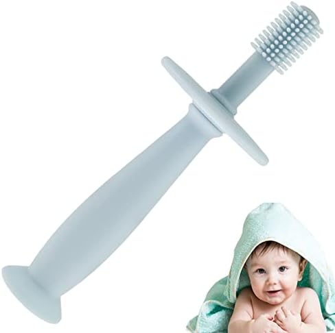 360° Baby Toothbrush with Suction Base Soft Silicone Teethbrush BPA-Free 360° Oral Teeth Brush with Round Guarder for Babies Infants Oral Health Care Toy Baby Toothbrush(Blue)
