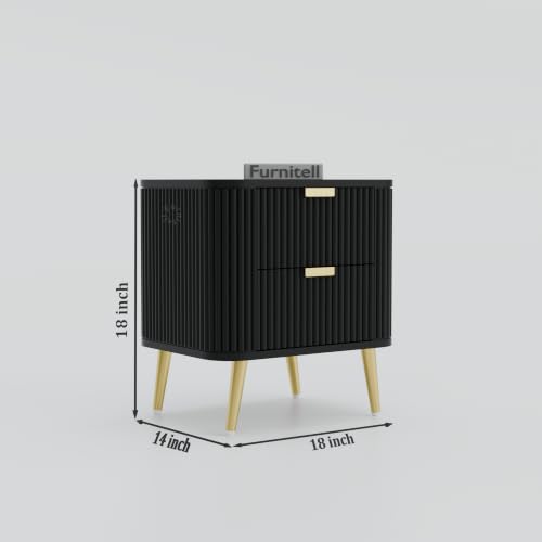 Image of Premium HDMR Wood Bedside Table with 1 Drawer & Open Storage Shelf, Fluted Nightstand with Golden Legs for Bedroom, Modern End Table, for Living Room | Black Finish, Set of 2