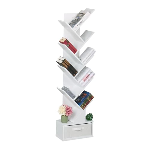 Relaxdays Estantería Libros, 9 Estantes, Librería Árbol, 146 x 38 x 22 cm, para CDs y DVDs, con Cajón, Salón, Blanco, Tela no Tejida, Tablero de Fibras, Cartón