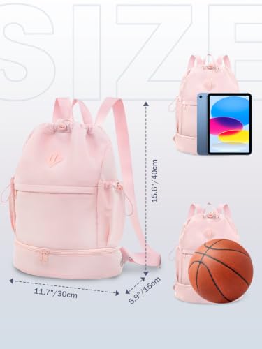 Image of RHDZO Drawstring Gym Backpack with Shoe Compartment and Wet Pocket, Pink | String Backpack for Men Women, Drawstring Bag for Sports Swim Beach Soccer Volleyball, Adjustable Shoulder Strap