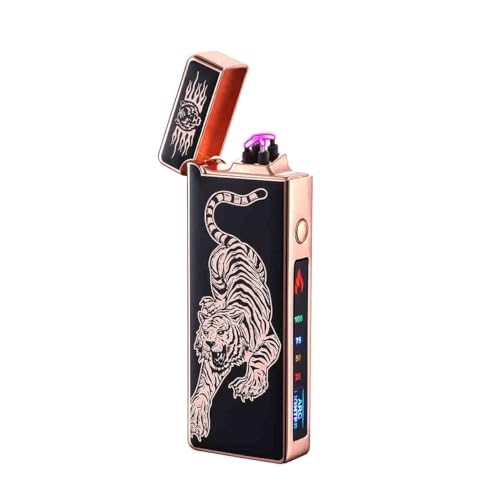 Mechero eléctrico Encendedor, Indicador de batería, USB, de Plasma, Recargable, Resistente al Viento y Llama, con Indicador de batería para Velas/Barbacoa (Tigre)