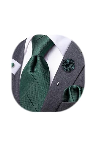 Image of Dubulle Mens Forest Green Tie and Lapel Pin Paisley Striped Floral Necktie for Men Pocket Square Cufflinks Wedding Party
