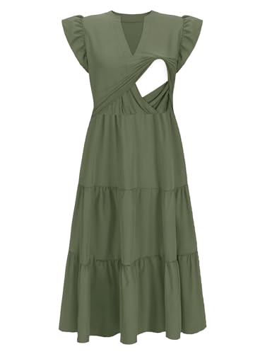 Womens Nursing Midi Dress Breastfeeding Summer Ruffle Sleeveless V Neck Tiered Beach Sundress with Pockets2