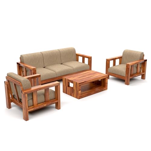 Image of Solid Sheesham Wood 5 Seater Sofa Set (3+1+1) for Living Room | Stylish & Durable 5 Seater Sofa for Home & Office Furniture (Evans Honey, 5 Seater)