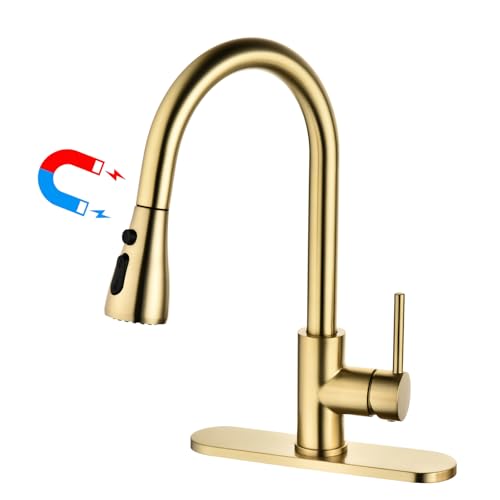 Image of Havin Gold Kitchen Faucet with Pull Down Magnetic Sprayer, High Arc Stainless Steel Material, with cUPC Ceramic Cartridge,Without Deck Plate,Fit for 1 Hole Kitchen Sink