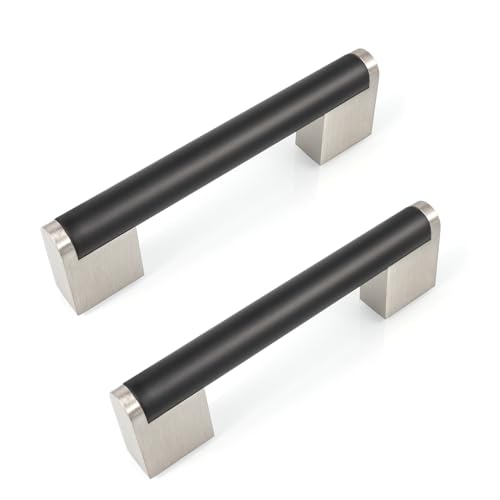 FULGENTE 10 Pack Black and Nickel Cabinet Handle Stainless Steel Brushed Square Base Drawer Pulls for Kitchen Bathroom Cupboard Cabinets Pull (Hole Spacing: 3-3/4" (96mm), Flat Black)