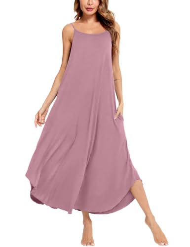 Image of SWOMOG Women Long Nightgown Pajama Dress Soft Strap Nightdress Summer Sleeveless Nightshirt Lounge Dress with Pockets