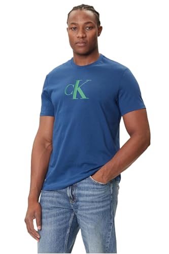 Calvin Klein Camiseta de Manga Corta Hombre Center Monogram Classic de algodón, Azul (Blue Jean), XXL