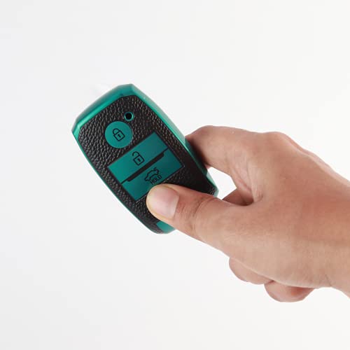 Image of JVCV Premium Soft TPU Leather Pattern Key Cover Compatible with Kia Seltos Sonet 3 Button Push Start Car Key (Green Black)
