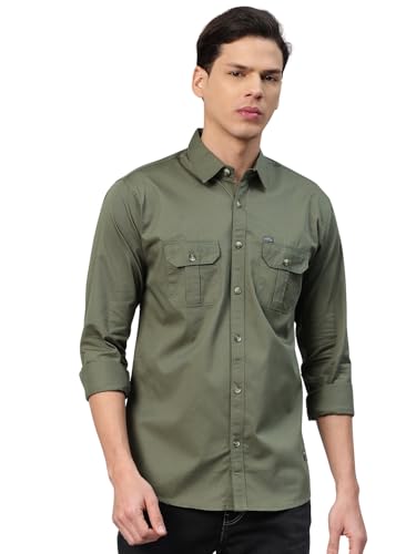 Image of Majestic Man Men's Washed Cotton Twill Casual Shirt -| with Dual Flap Pockets - Slim Fit | Full Sleeve | Casual Wear | Trendy & Comfortable