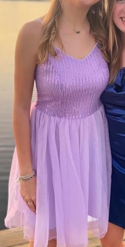 Image of Dressystar 2026 Women's Tiered Sparkly Sequin Glitter Formal Prom Dress Mini Spaghetti Strap Tulle Cocktail Party Dresses