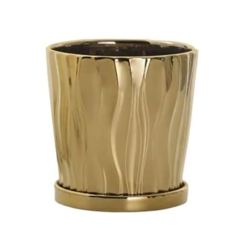 birene Blumentöpfe Pflanzkübel, schlicht und kreativ, vergoldet, aus Keramik mit Untersetzer, groß, extra for Zuhause oder Büro(Gold,M)
