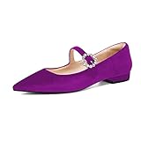 XYD Women's Velvet Pointed Toe Low Heel Flats with Rhinestone Buckle Strap Mary Jane Daily Dating Wedding Shoes Size 4 Magenta