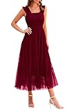 PRETTYGARDEN Women's Summer Midi Tulle Dress Sleeveless Smocked Square Neck Ruffle Flowy Party Wedding Guest Sundress (Wine Red,Small)