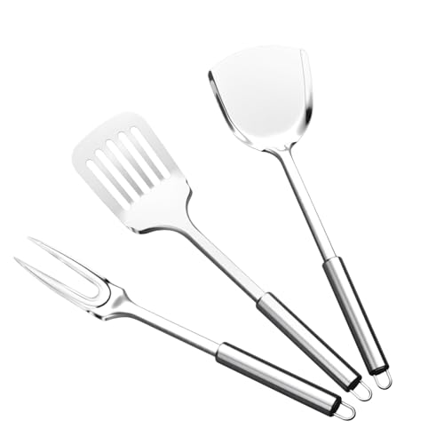 Set di Spatole in Acciaio Inox, 3 Robusta Spatola in Metallo Cucina con Elevata Resistenza al Calore, Paletta Scanalata Argentata, Tornitore Solido, Forchetta da carne per Pentole Antiaderenti