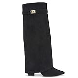 sole london LADIES Women's KNEE HIGH Fold Over Buckle Fashion Zip Pointed Block Heel Boots – Stylish Ruched Design – Comfortable Mid-Block Heel (4 INCH)– Faux Leather & Faux Suede_BLACK SUEDE 7