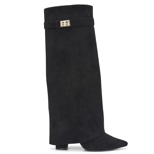 sole london LADIES Women's KNEE HIGH Fold Over Buckle Fashion Zip Pointed Block Heel Boots – Stylish Ruched Design – Comfortable Mid-Block Heel (4 INCH)– Faux Leather & Faux Suede_BLACK SUEDE 3