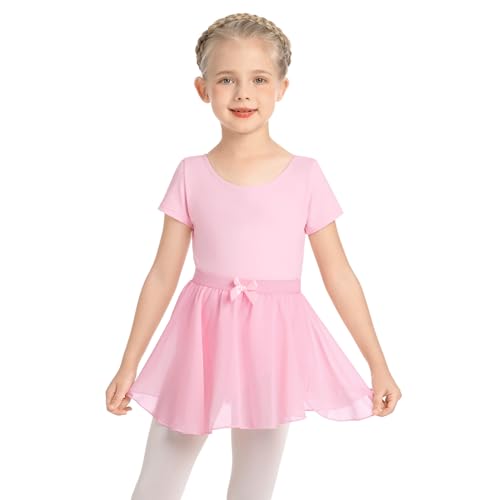 Ballet Leotards for Girls Chiffon Dance Skirt Ballerina Costume Kid Short Sleeve Gymnastics Leotards Ballet Dress Beginner Dance Outfits Camisole Leotard Ballet Tulle Skirt Pink (2PCS) 5-6 Years