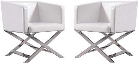 Manhattan Comfort Hollywood Lounge Accent Chair Set of 2, Faux Leather Upholstered Armchair with Polished Chrome Finish, Modern Design, Hand-Welded X-Shaped Legs, Fully Assembled, White