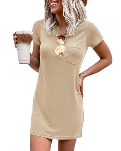 Image of Ladiyo Women T Shirt Dress Summer Fashion Mini Dress Crew Neck Short Sleeve Dress Solid Color Casual Dress with Pocket