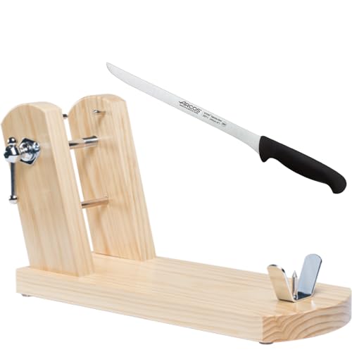 KROWN - Soporte Jamón Rioja + Cuchillo Jamonero de Arcos, Fabricado en ESPAÑA con Madera de Pino (Jamonero Natural + Cuchillo)