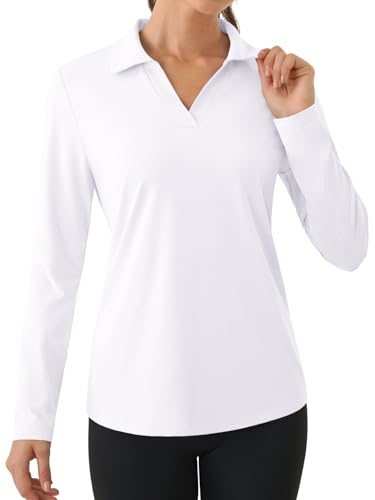 3rd hill Womens Long Sleeve Shirts UPF 50+ Sun Shirts Quick Dry Golf Polo V Neck Tennis Hiking Athletic Tops White M