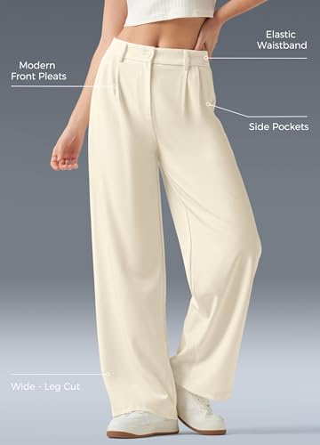 Women's Work Pants High Waisted Dress Pants Petite Wide Leg Trouser Slacks Business Casual with Pockets 30" Off White XS4