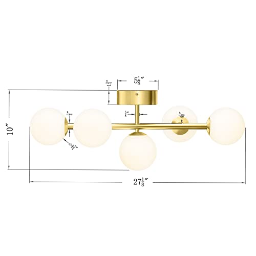 Bathroom Vanity Lights, 5-Light Bathroom Light Fixtures, Mid Century Modern Gold Bathroom Light Ceiling Light, Dimmable LED Wall Sconces Semi-Flush Mount Light Fixture with Milk Glass, Gold Brushed - Image 5