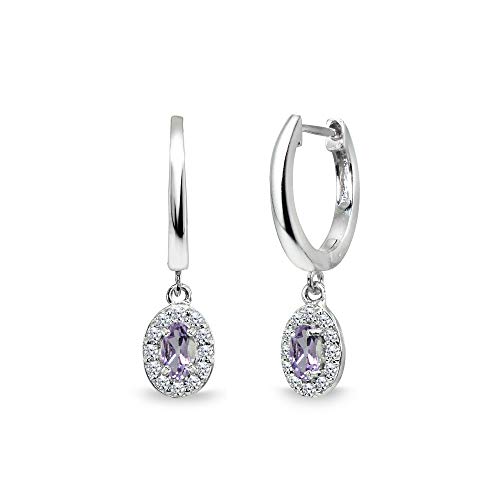 Sterling Silver Genuine or Synthetic Gemstone & CZ Oval-Cut Halo Small Dangle Huggie Hoop Earrings
