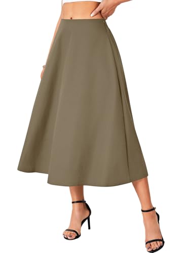 Rooscier Women's Basic High Waist Elastic Back Zipper Side Flare A-Line Midi Skirts3