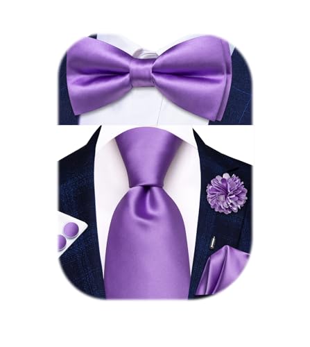 Image of Hi-Tie 5Pcs Mens Solid Color Silk Tie Satin Pretied Bowtie Lapel Pin for Men Handkerchief Cufflink Wedding Gift Box