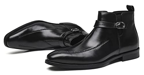 Santimon Men's Chelsea Ankle Dress Leather Buckle Strap Monk Boots Black Brown4