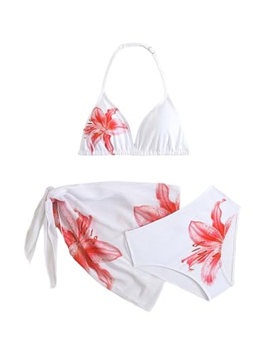 Image of SHENHE Girl's 3 Piece Swimsuits Cute Halter Triangle Bikini Bathing Suit with Beach Cover Up