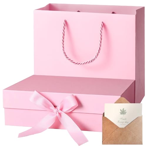 THMINS Magnetic Pink Gift Box 27x19x8 cm Empty Large Gift Box for Women Surprise Gift Card Boxes with Ribbons Foldable for Christmas Valentines Wedding Gifts Packaging