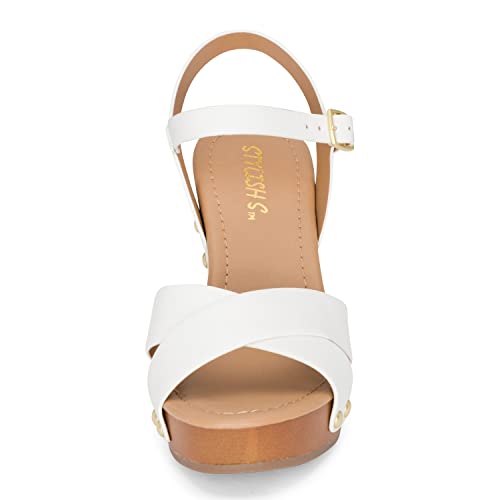 STYLISH S SHIFT - Womens Open Toe Studded Double Cross Band Ankle Strap Faux Wood Platform Heel Sandals4