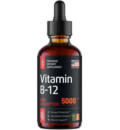 Vitamin B12 Sublingual - Natural B12 Vitamin 5000 mcg - Made in The USA - Methylcobalamin B12 Liquid Supplement - Energy, Mood & Metabolism Increase - Vegan B12 Drops
