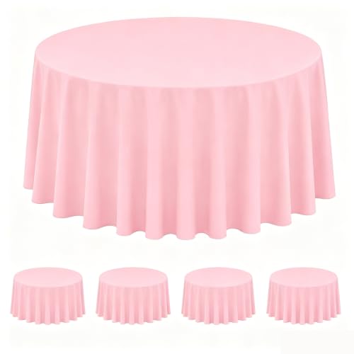 Image of WNINK 4 Pack Light Pink Round Tablecloth, 84 Inch Disposable Plastic Table Covers, Light Pink Round Table Cover for Birthday Parties, Holiday, Picnic, BBQ, Family Gathering Party Supplies