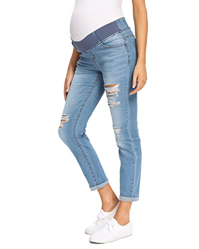 Foucome Women's Maternity Ripped Boyfriend Jeans Distressed Jeans Stretch Jeans With Hole (Blue, M) #TOP1