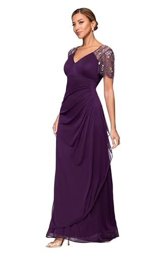 Image of Xscape Floor Length Jersey Knit Evening Gown with V-Neckline, Beaded Flutter Sleeves and Ruched Draping