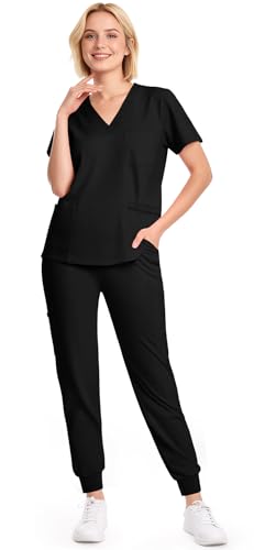 Eadflie Scrubs for Women Set - 8-Pocket V-Neck Scrub Uniform, Stretch Jogger Pants, Medical Workwear for Nurses, Pet Care (Black/S)
