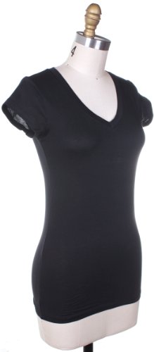 Active Basic Women's Plain Basic Deep V Neck T-Shirt with Cap Sleeves,Medium,Black