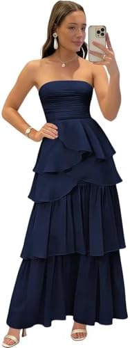 Tiered Prom Dresses Long Chiffon Ruffle Bridesmaid Dress Straples...