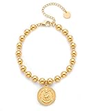 Only faith Pulsera de Virgen del Rocío con Bolas de Acero Inoxidable 6mm con Medalla 15mm, Ajustable 16cm + 5cm, Resistente al Agua, Dorado y Plateado (Dorado)