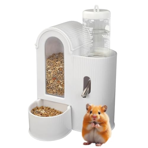 Mulaibdin 2 in 1 Hamster Feeder, Water Bottle Stand with Food Bowl, Automatic Water Bottle No Drip and Food Dispenser, Food & Water for Hamsters, Mice, Rats, Gerbils