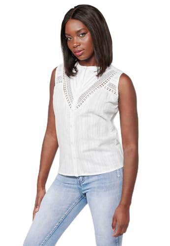 Koroshi Blusa sin Mangas de Algodón con Cuello Redondo y Cierre Delantero con Botones y Detalles Bordados de Color Blanco para Mujer, de Color Blanco, Talla XS