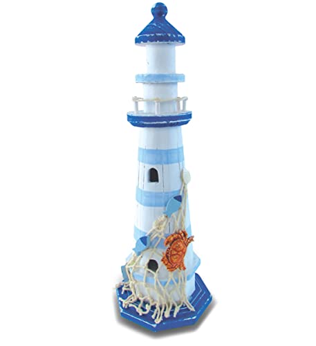 COTA Global Light Blue Stripes Lighthouse Decor - Handmade and Crafted Wooden Lighthouse Decoration with Crab, Decorative Beach Style Tabletop Centerpiece – 12.25 Inches