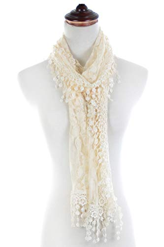 An Fashion Leafy Lace Scarf Womens With Tassels (66 Inches X 8.5 Inches + 2 Inch Tassel, Ivory) #TOP2