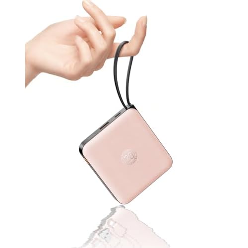 VRURC Portable Charger for iPhone Built-in Cables, 22.5W USB C Fast Charging 10000mAh Pocket Power Bank, Battery Pack for iPhone 17 16 & Samsung Galaxy S26 S25 etc Android, Pink(1 Pack)