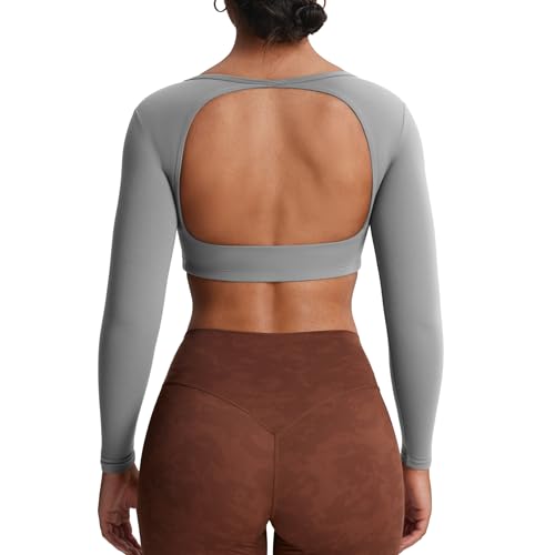 Aoxjox Workout Long Sleeve Crop Tops for Women Clarissa Backless Gym Cropped T Shirt Top (Grey, Small)