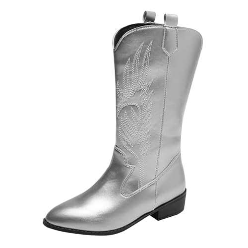 Botas de vaquero para mujer, de piel, con puntas, puntas, puntas, para cowboy, botas de caña ancha, botas largas y cómodas, para otoño e invierno, botas Chelsea ligeras, plata, 36 EU